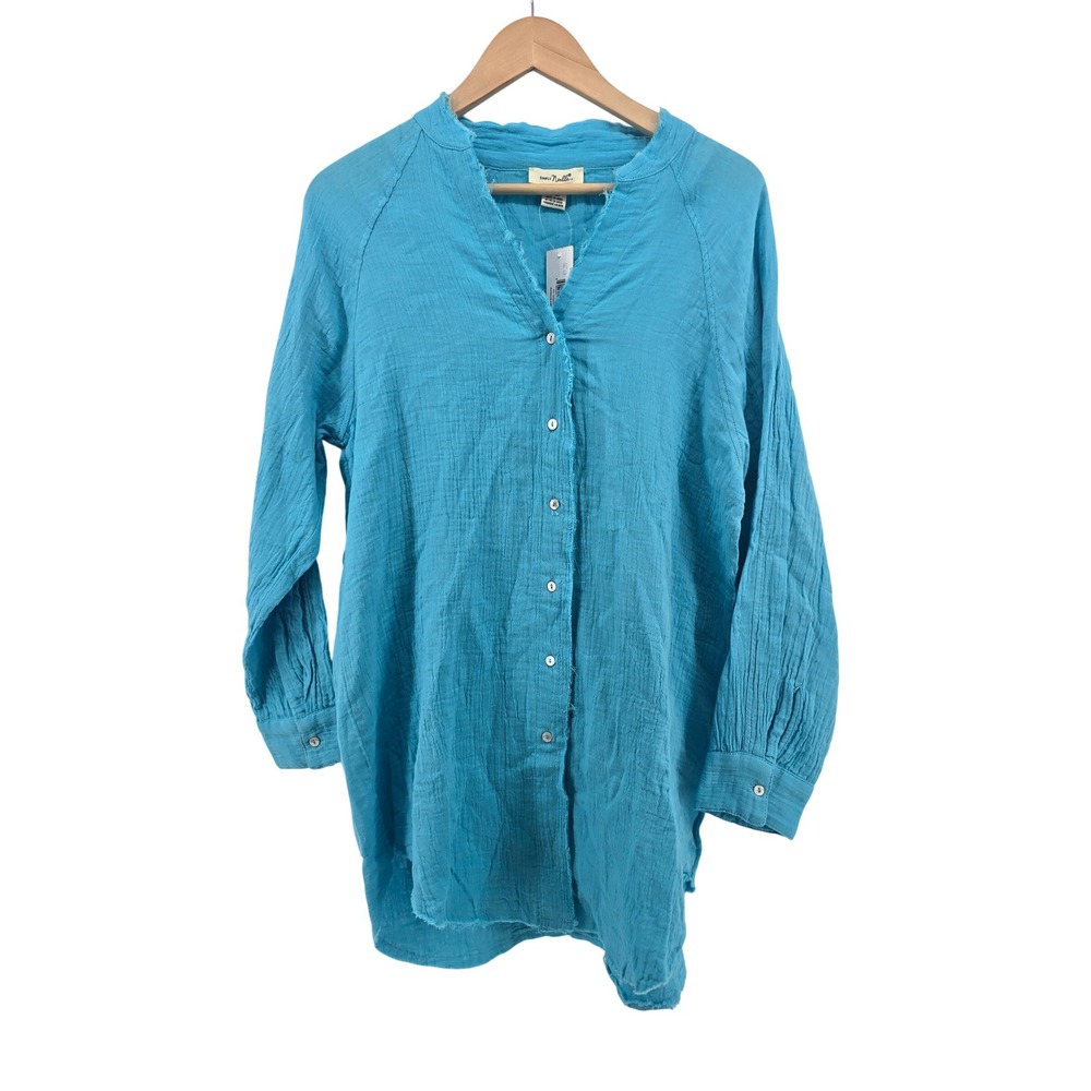 Simply Noelle Womens Button Down Shirt Tunic Raw Hem Aqua S/M NWT